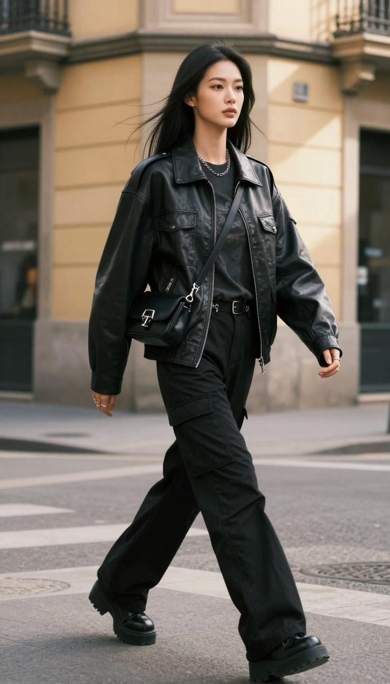 Korean street fashion black leather jacket with silver chain details