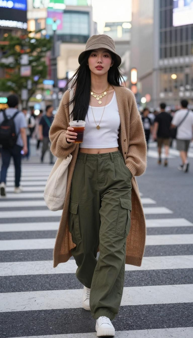 Korean street fashion oversized tan cardigan with olive graphic tee
