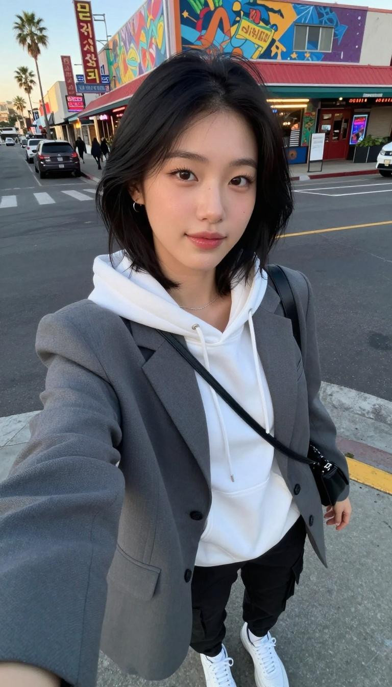 Korean street fashion white hoodie with grey blazer and cargo pants