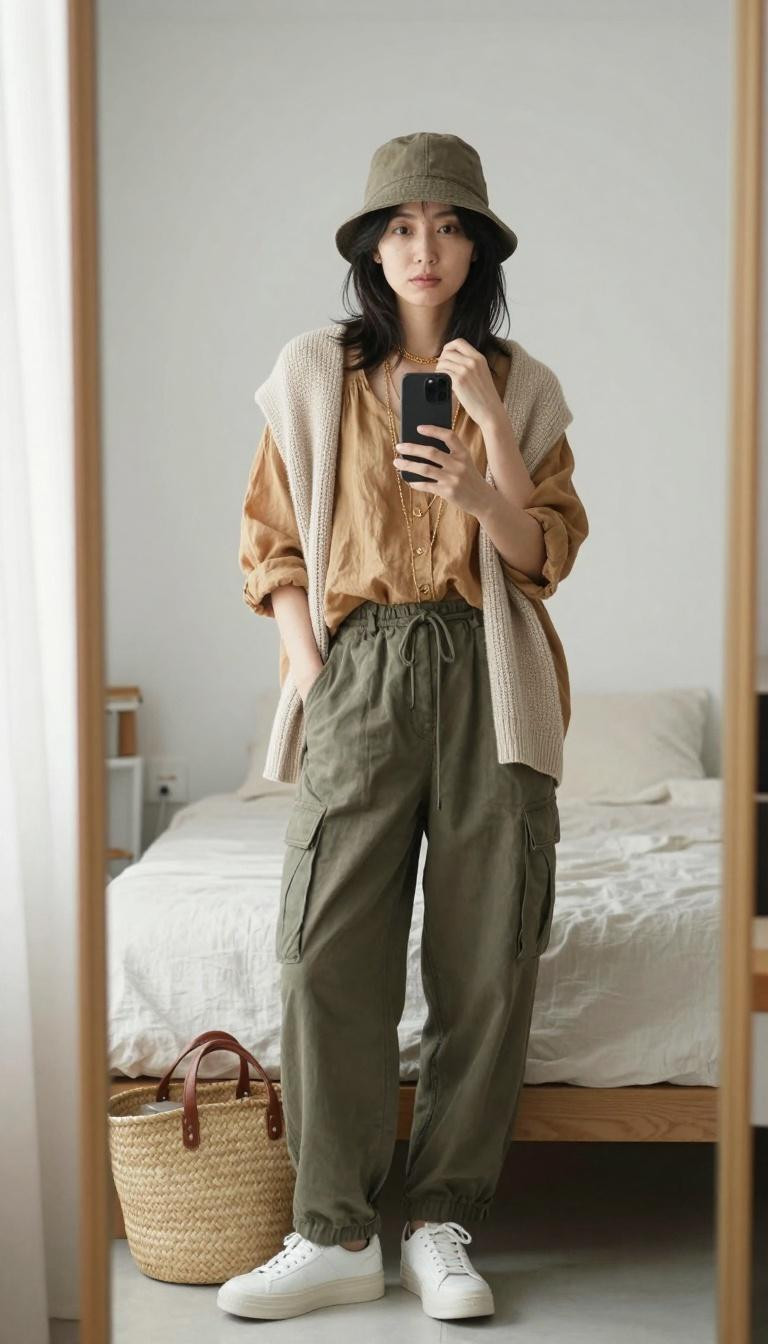 Korean street fashion tan linen shirt with olive cargo pants