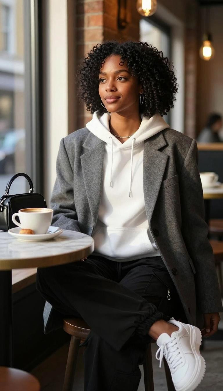 Korean street fashion white hoodie under grey wool blazer