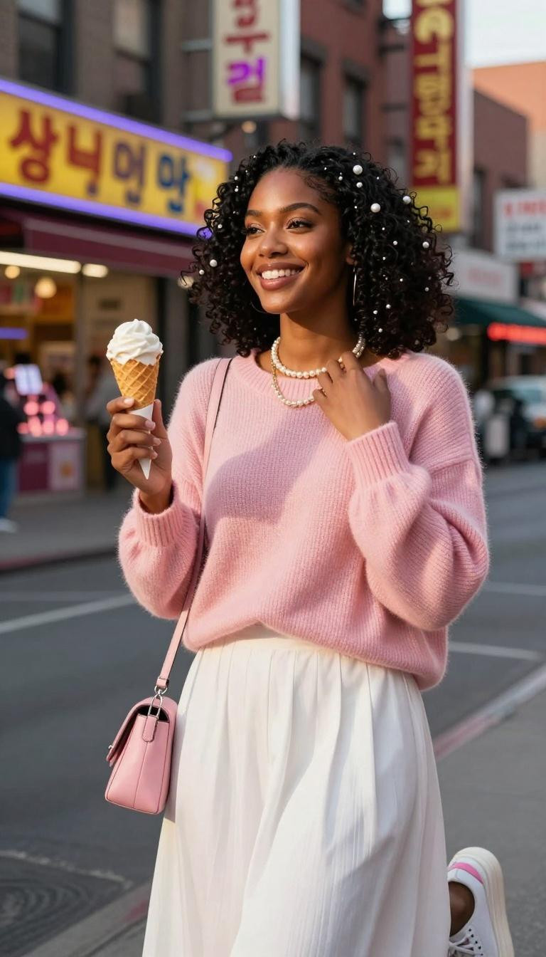 Korean street fashion blush pink sweater with white pleated skirt