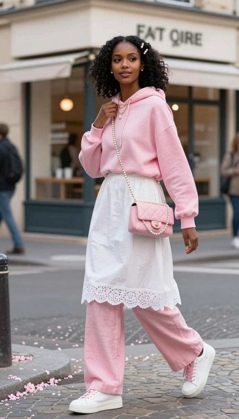 Korean street fashion oversized pink hoodie with white lace dress