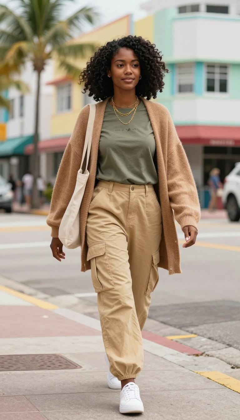 Korean street fashion tan cardigan with olive cargo pants