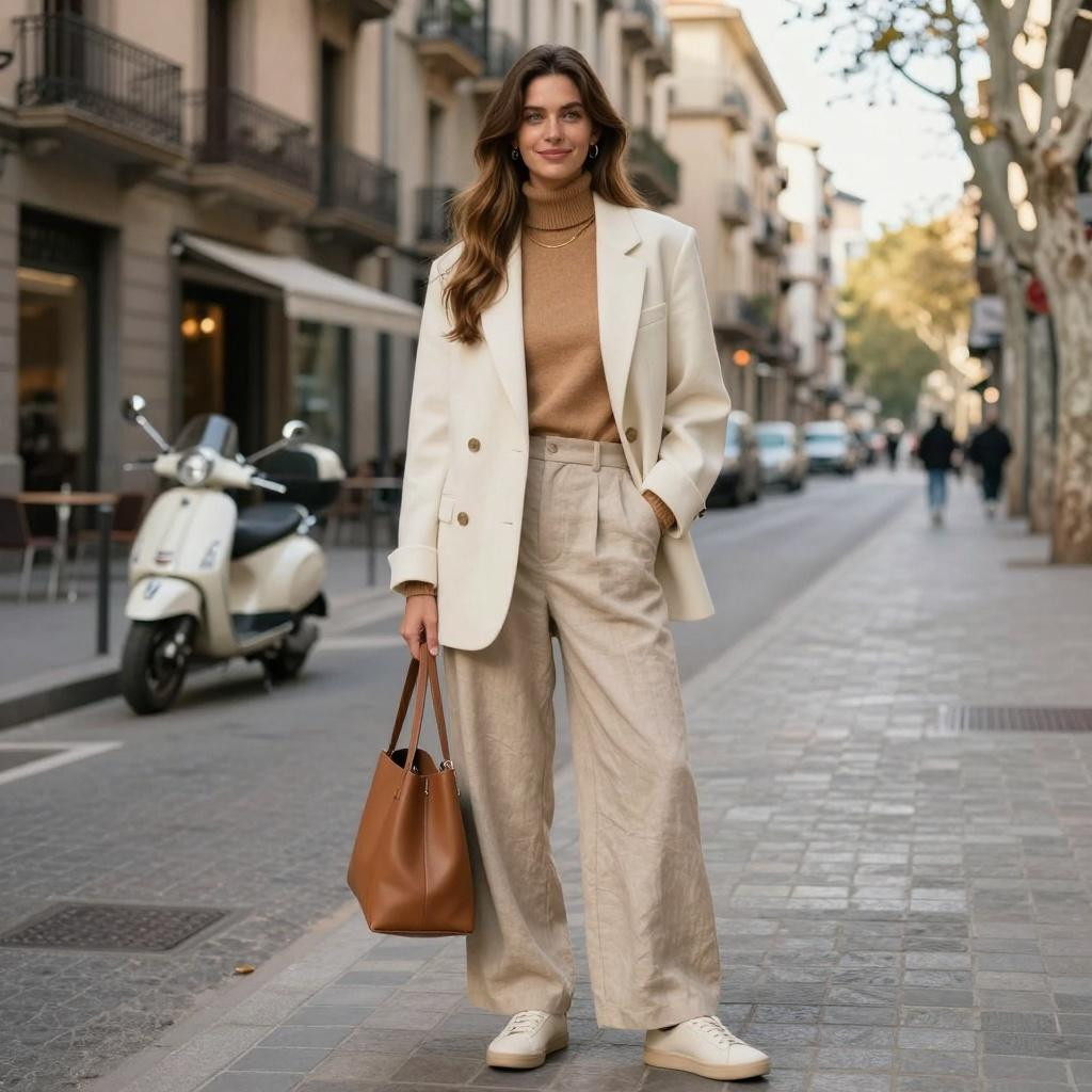 Korean street fashion cream blazer with beige wide-leg trousers
