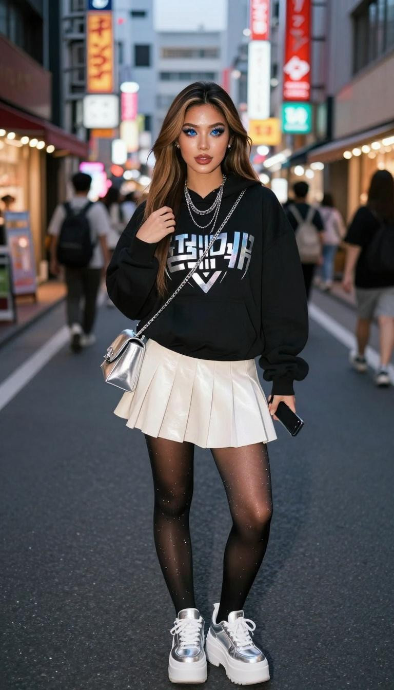 Korean street fashion black hoodie with holographic Korean text