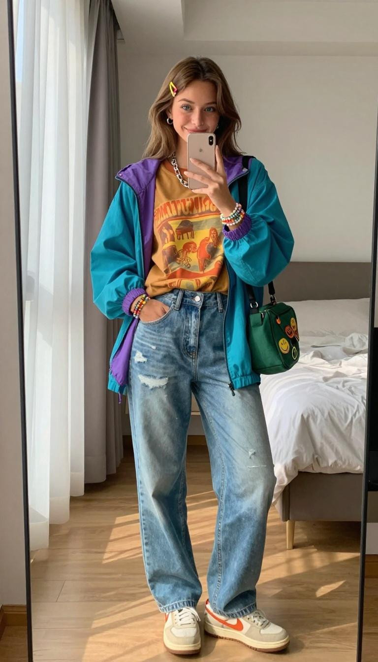 Korean street fashion vintage graphic tee with colorful windbreaker