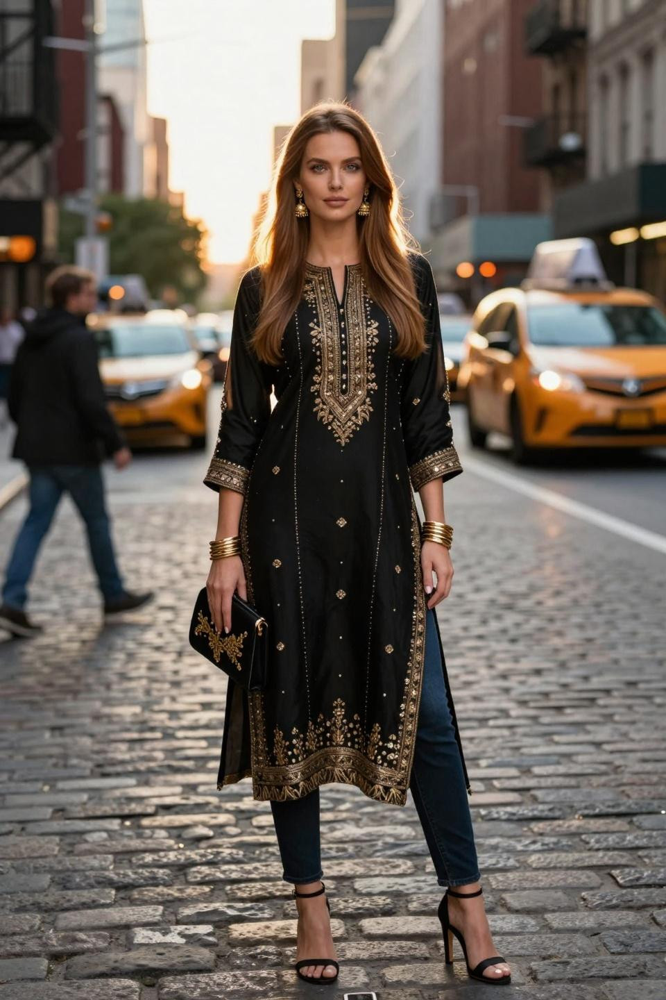 Kurti with jeans outfit in black with gold embellishments for evening