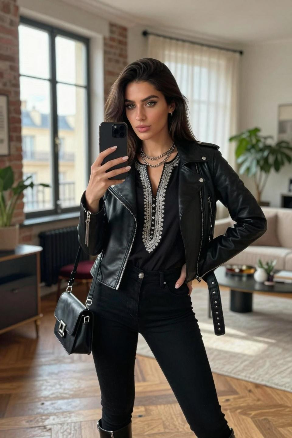 Kurti with jeans outfit in black with silver embroidery and moto jacket