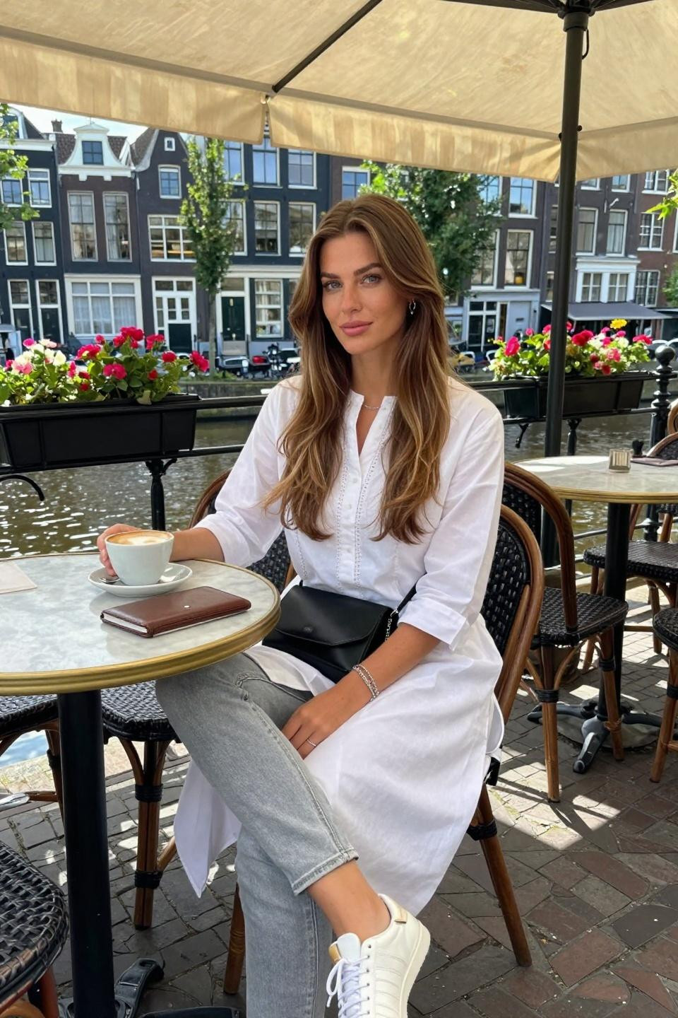 Kurti with jeans outfit in white with minimal embroidery and sneakers