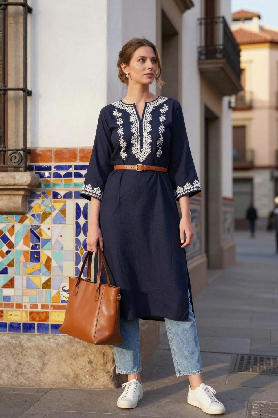 Kurti with jeans outfit featuring navy with white embroidery