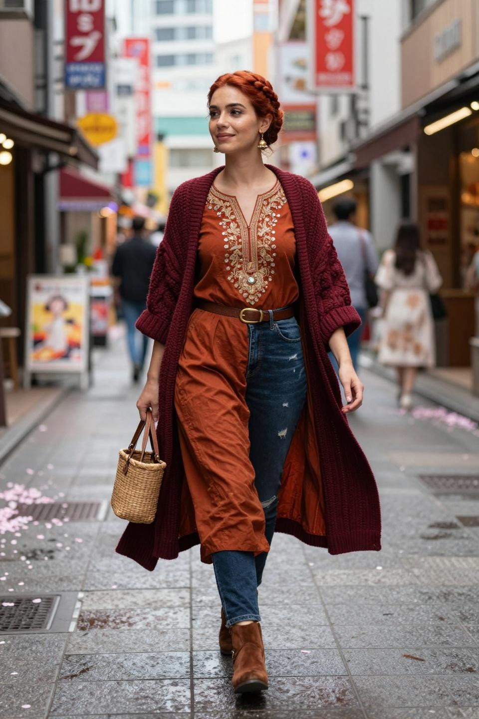 Kurti with jeans outfit with cable knit cardigan and rattan bag