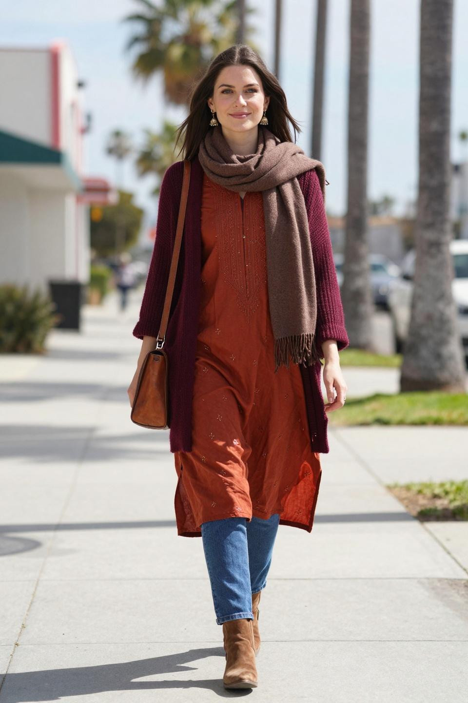 Kurti with jeans outfit with burgundy cardigan and brown accessories
