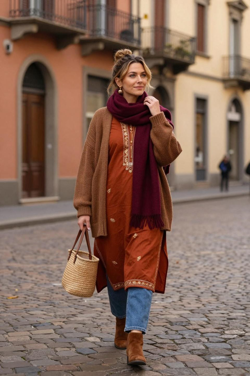 Kurti with jeans outfit with open brown cardigan and burgundy scarf