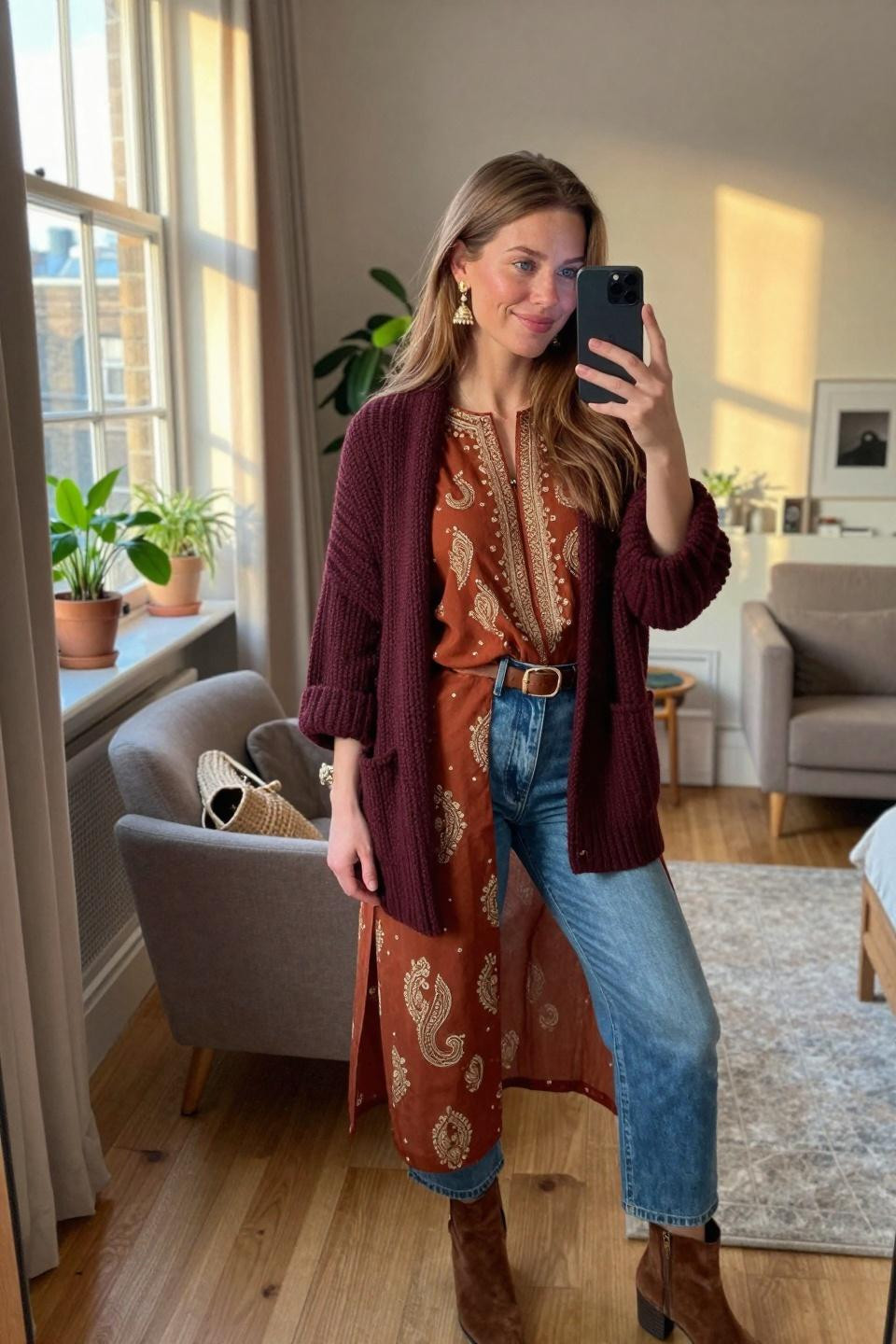 Kurti with jeans outfit layered with oversized burgundy cardigan