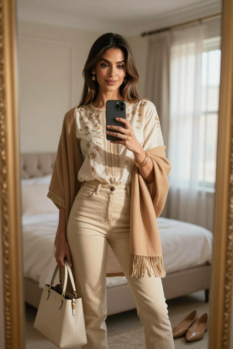 Kurti with jeans outfit featuring cream embroidery and cashmere shawl
