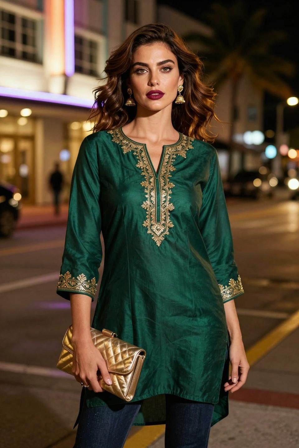 Kurti with jeans outfit featuring emerald silk with gold embroidery
