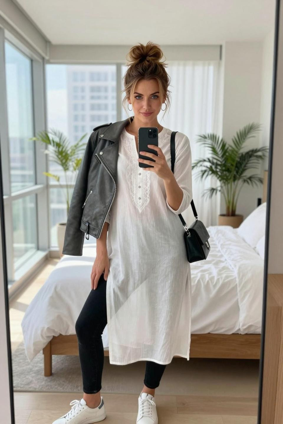 Kurti with jeans outfit featuring white with black jeans and grey leather jacket