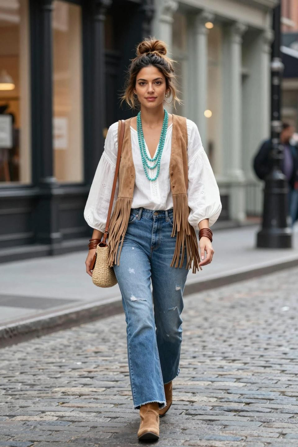 Bohemian outfits with distressed denim flare jeans and white embroidered blouse