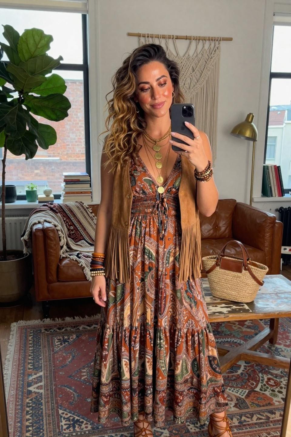 Bohemian outfits with rust and olive paisley maxi dress in Amsterdam apartment