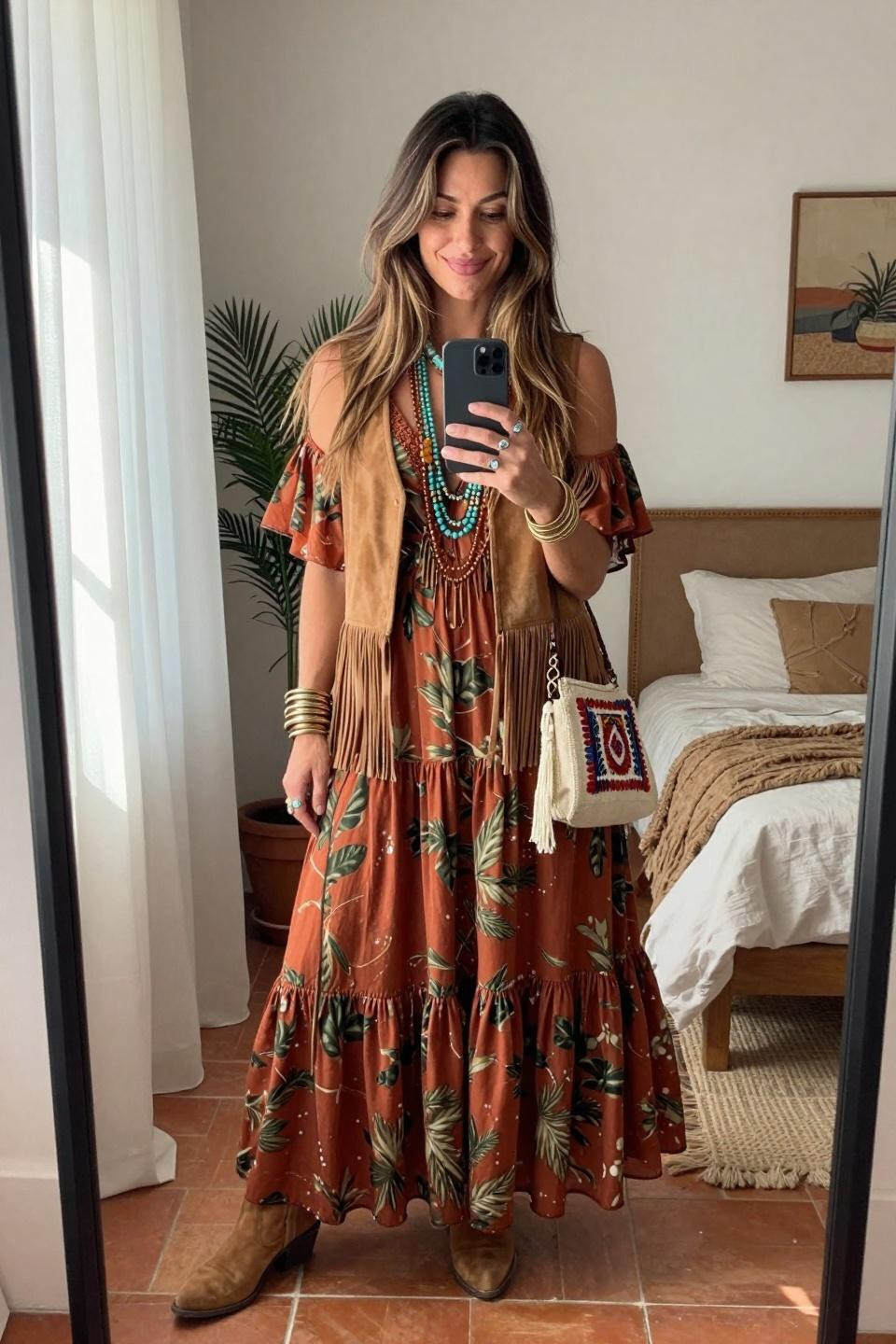 Bohemian outfits with rust and olive botanical maxi dress and tan fringe vest
