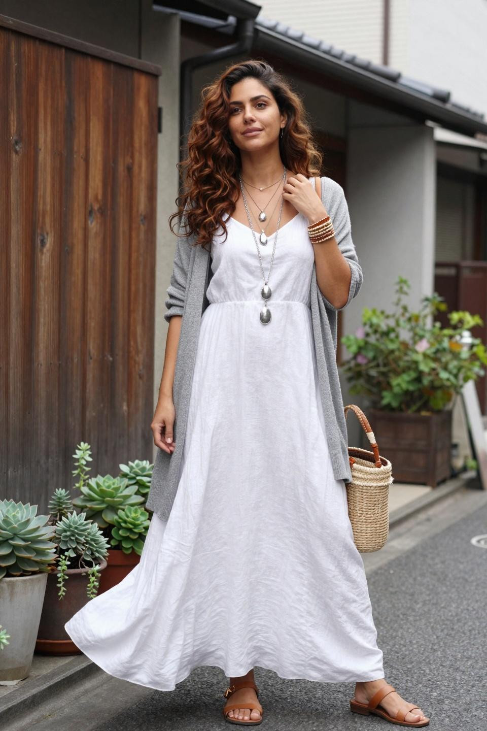 Bohemian outfits with white linen maxi dress and grey oversized cardigan