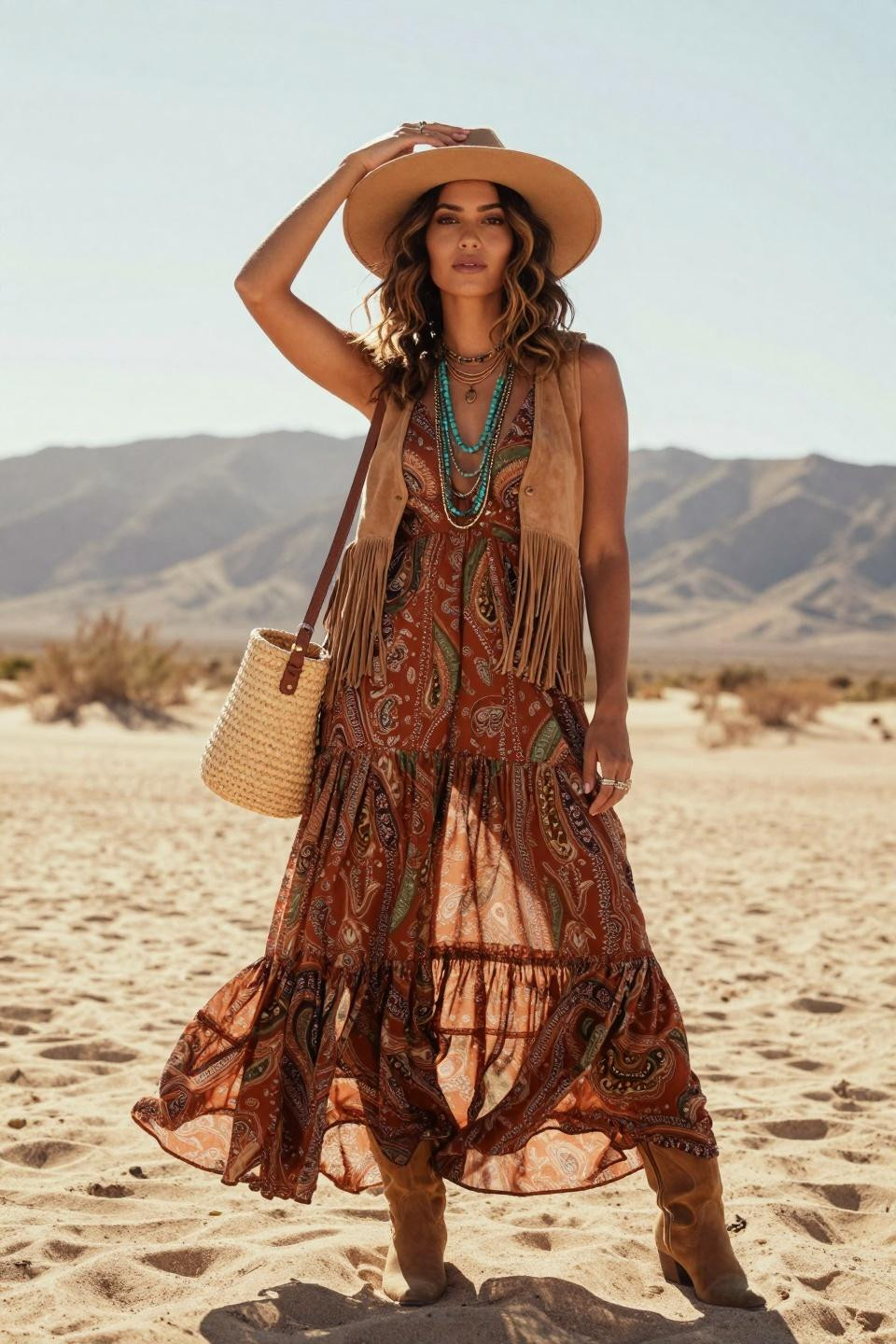 Bohemian outfits with rust and olive paisley maxi dress in desert setting