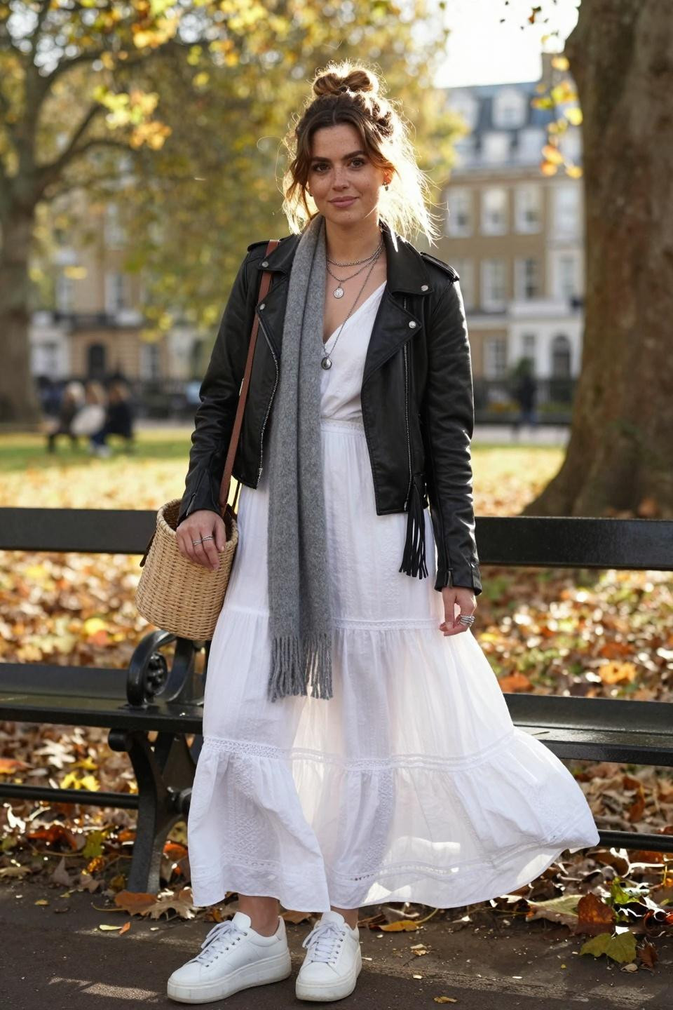 Bohemian outfits with white embroidered maxi dress and black leather jacket