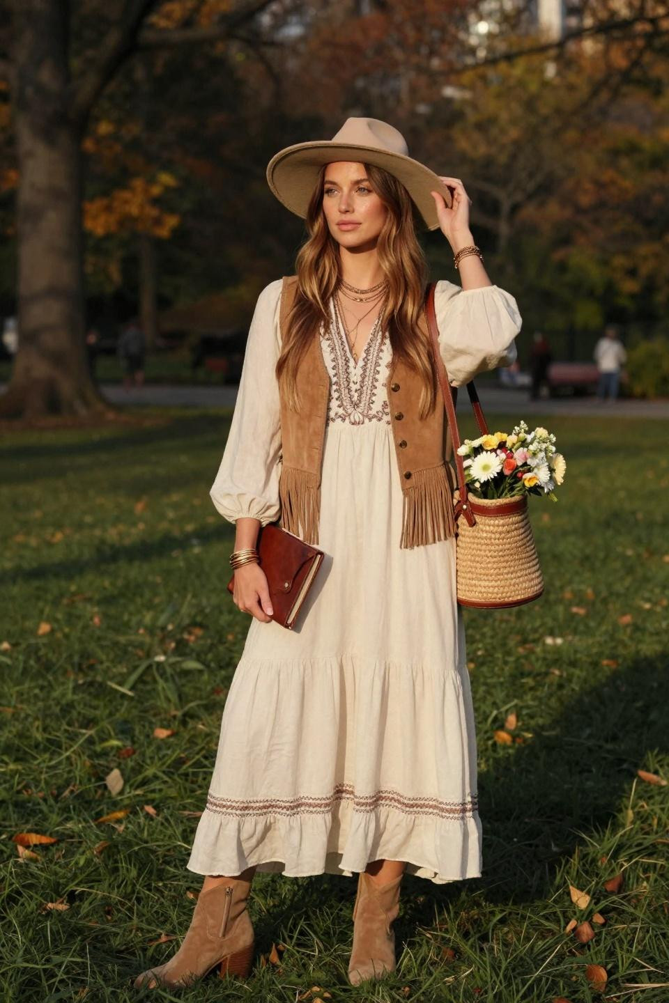 Bohemian outfits with cream embroidered maxi dress and camel suede vest