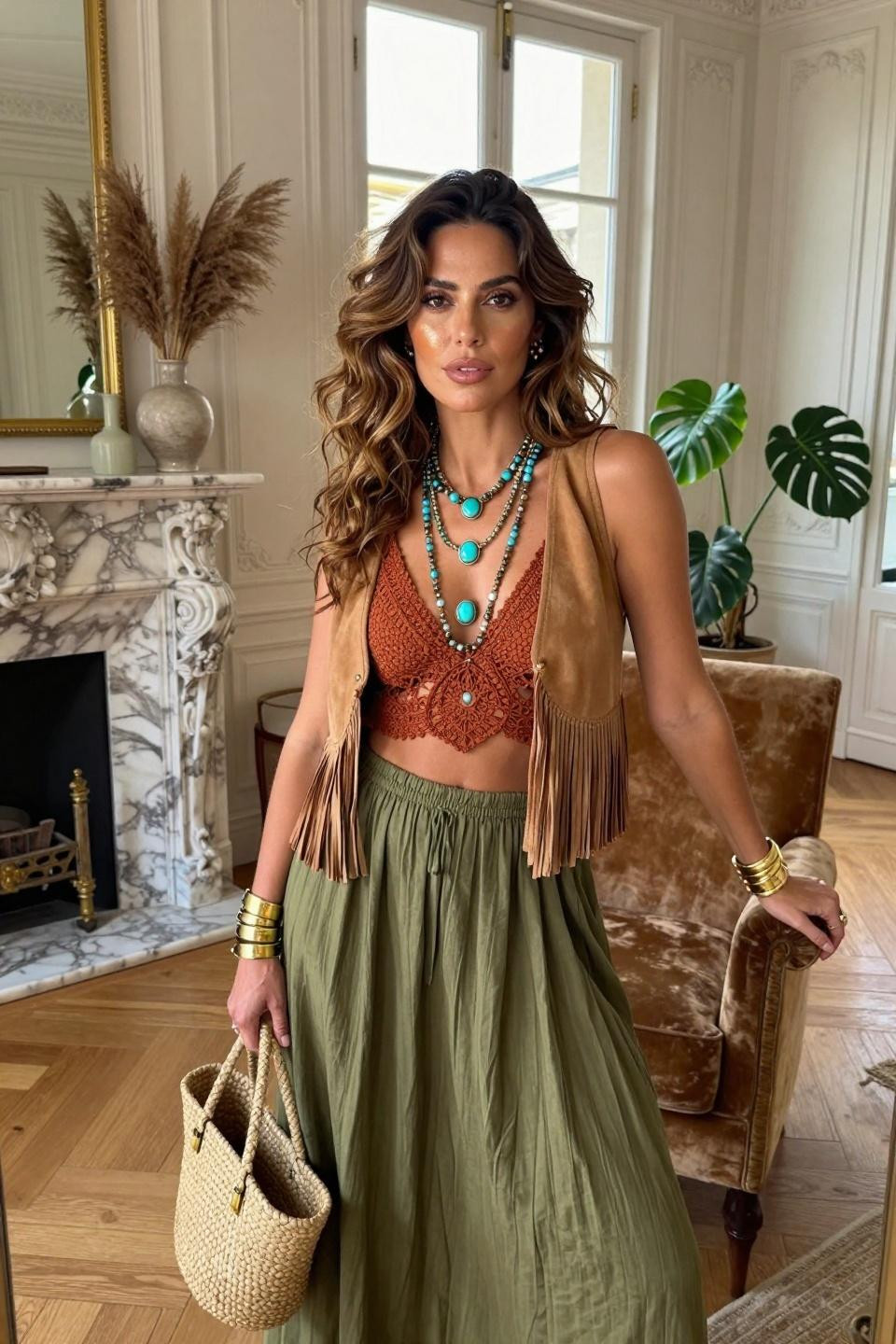 Bohemian outfits with olive maxi skirt and rust crochet top
