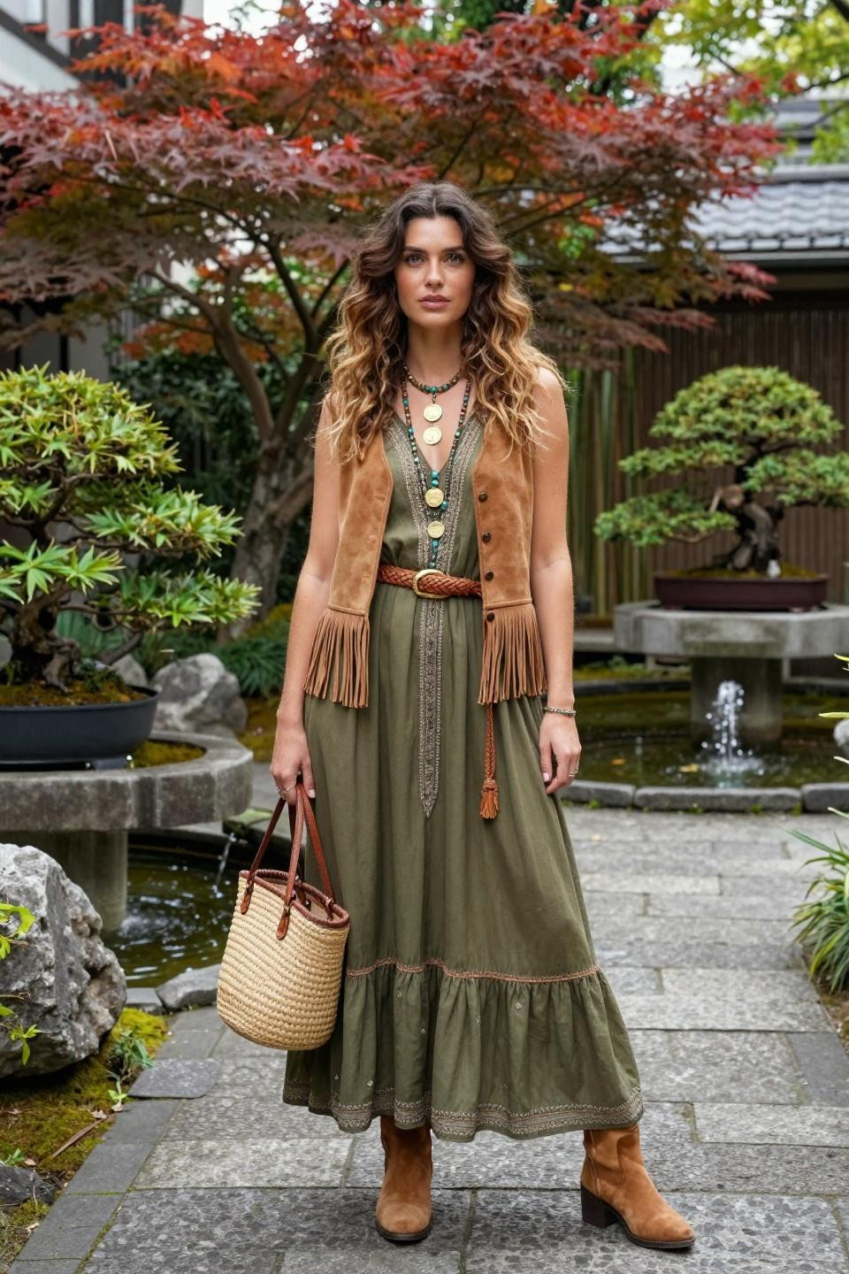 Modern bohemian outfits with olive maxi dress layered with tan suede fringed vest