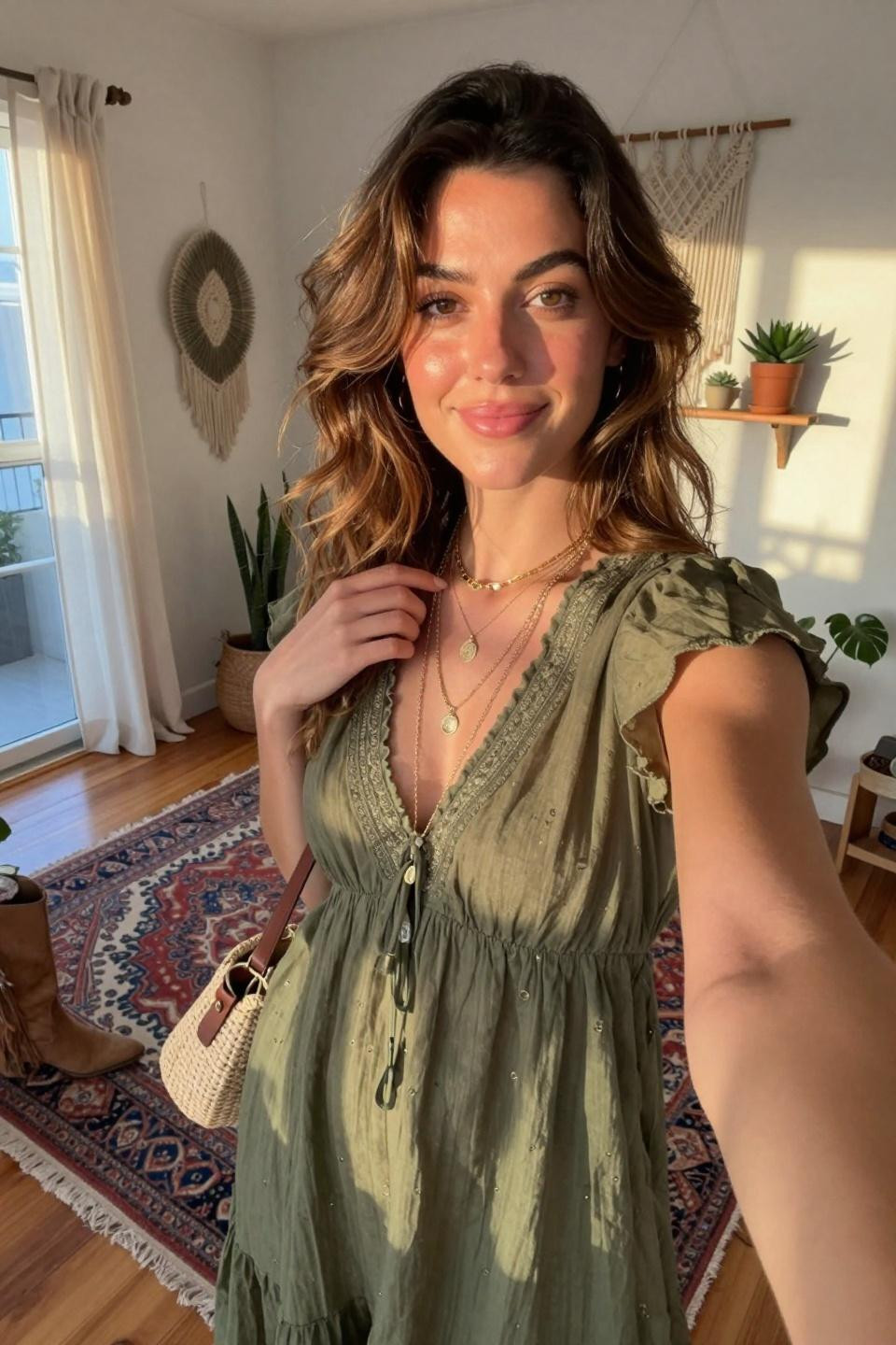 Modern bohemian outfits featuring olive maxi dress with flutter sleeves and embroidery