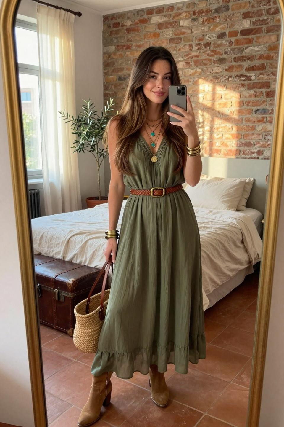 Modern bohemian outfits with olive maxi dress and woven cognac leather belt