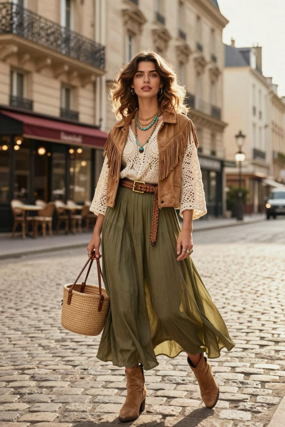 Modern bohemian outfits featuring olive maxi skirt with cream crochet and tan suede jacket