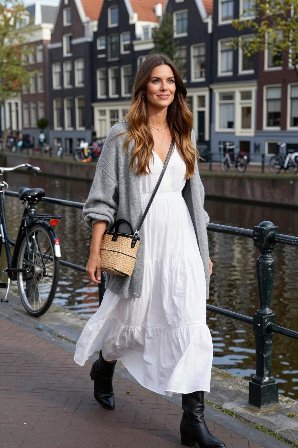 Modern bohemian outfits featuring white cotton maxi dress with grey cardigan