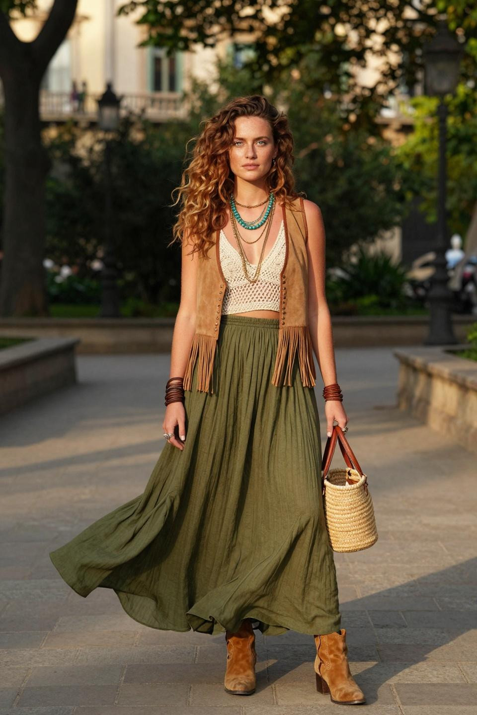 Modern bohemian outfits with olive maxi skirt and cream crochet top
