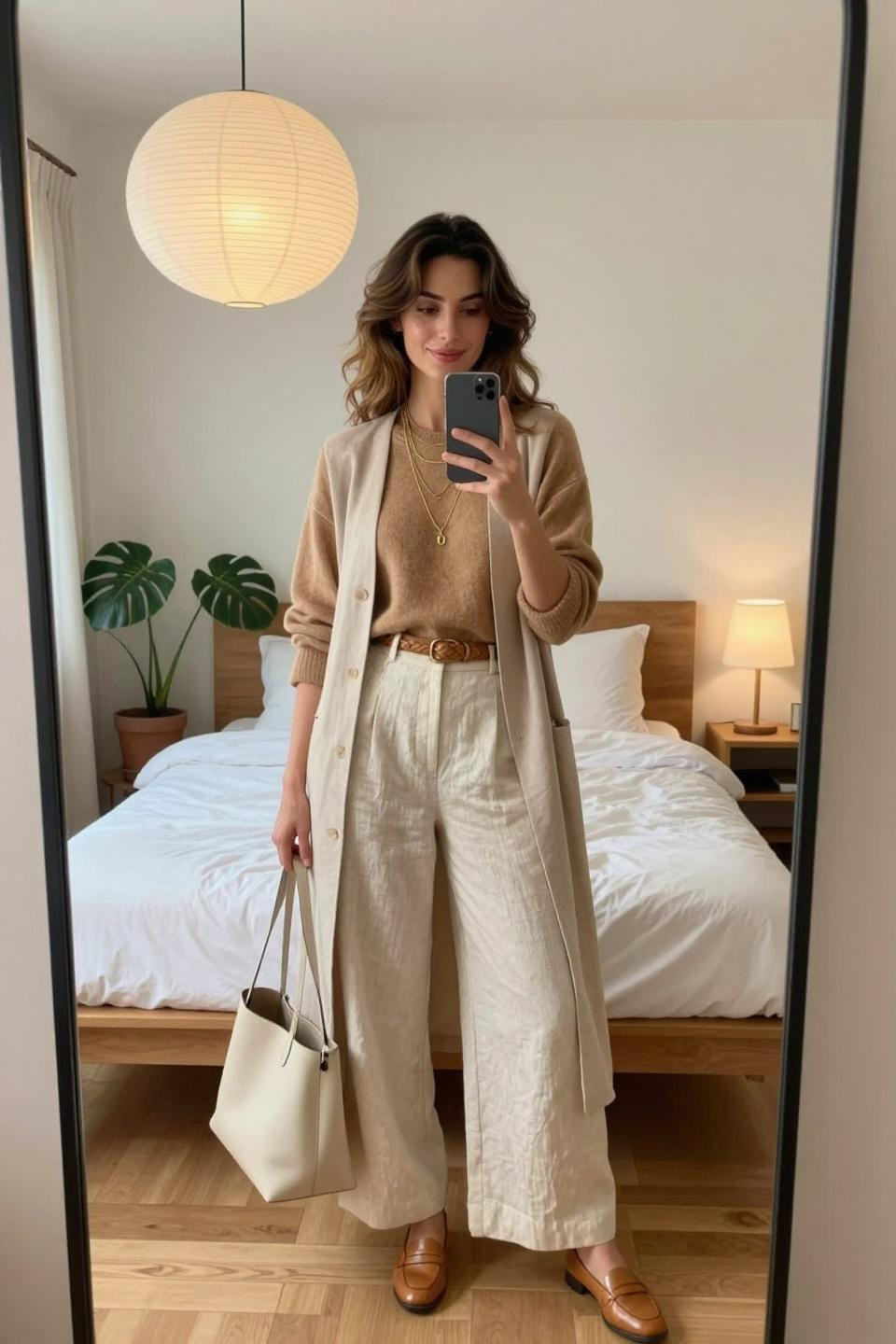 Modern bohemian outfits with cream linen pants and camel cashmere sweater