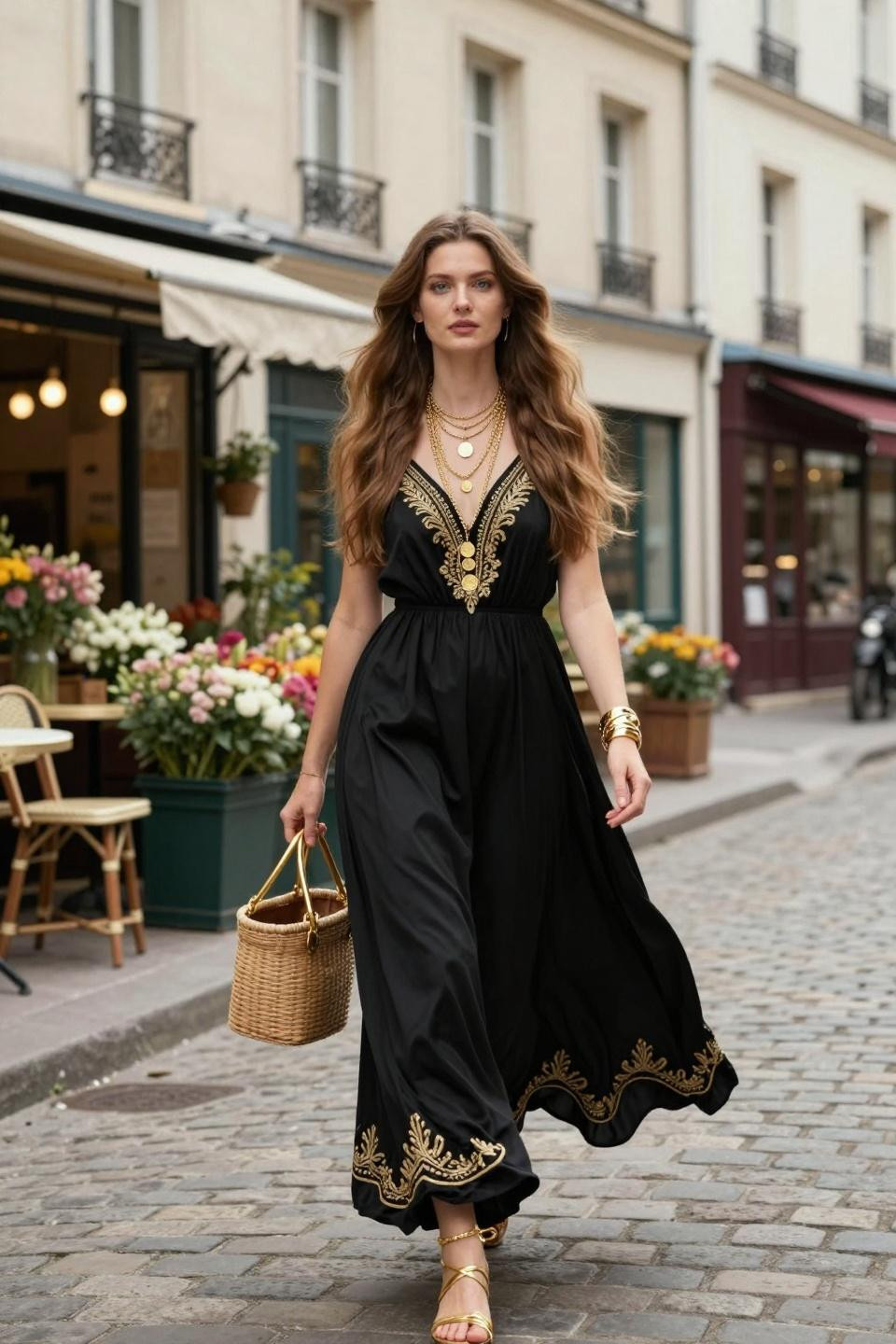 Modern bohemian outfits with flowing black maxi dress and gold embroidery