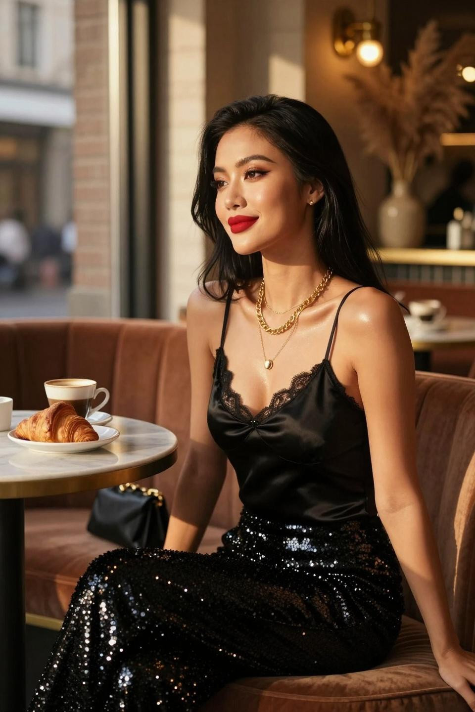 Black sequin pants outfit with black silk camisole and gold necklaces for café style
