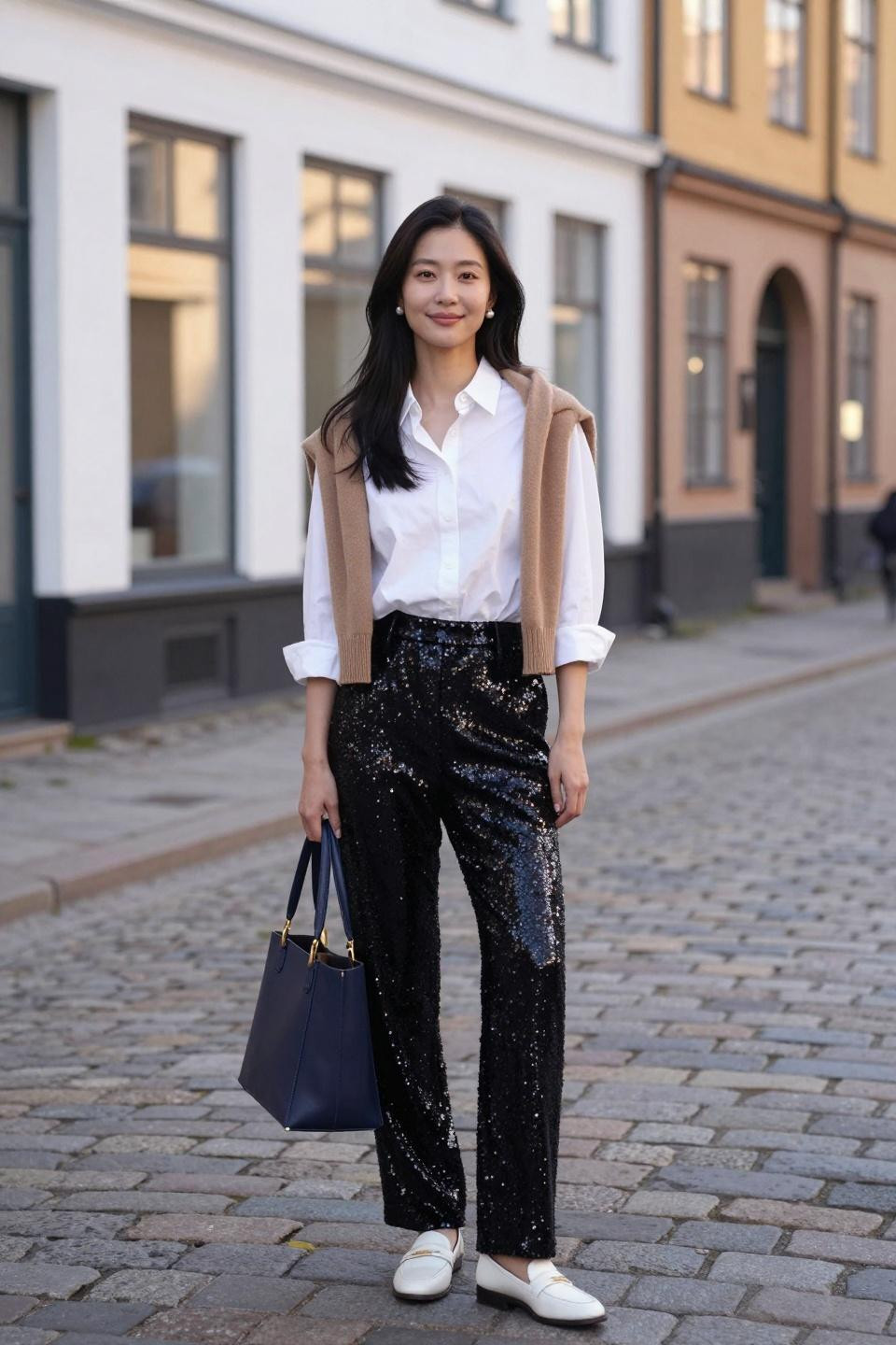 Black sequin pants outfit with white button-down and camel sweater for preppy style