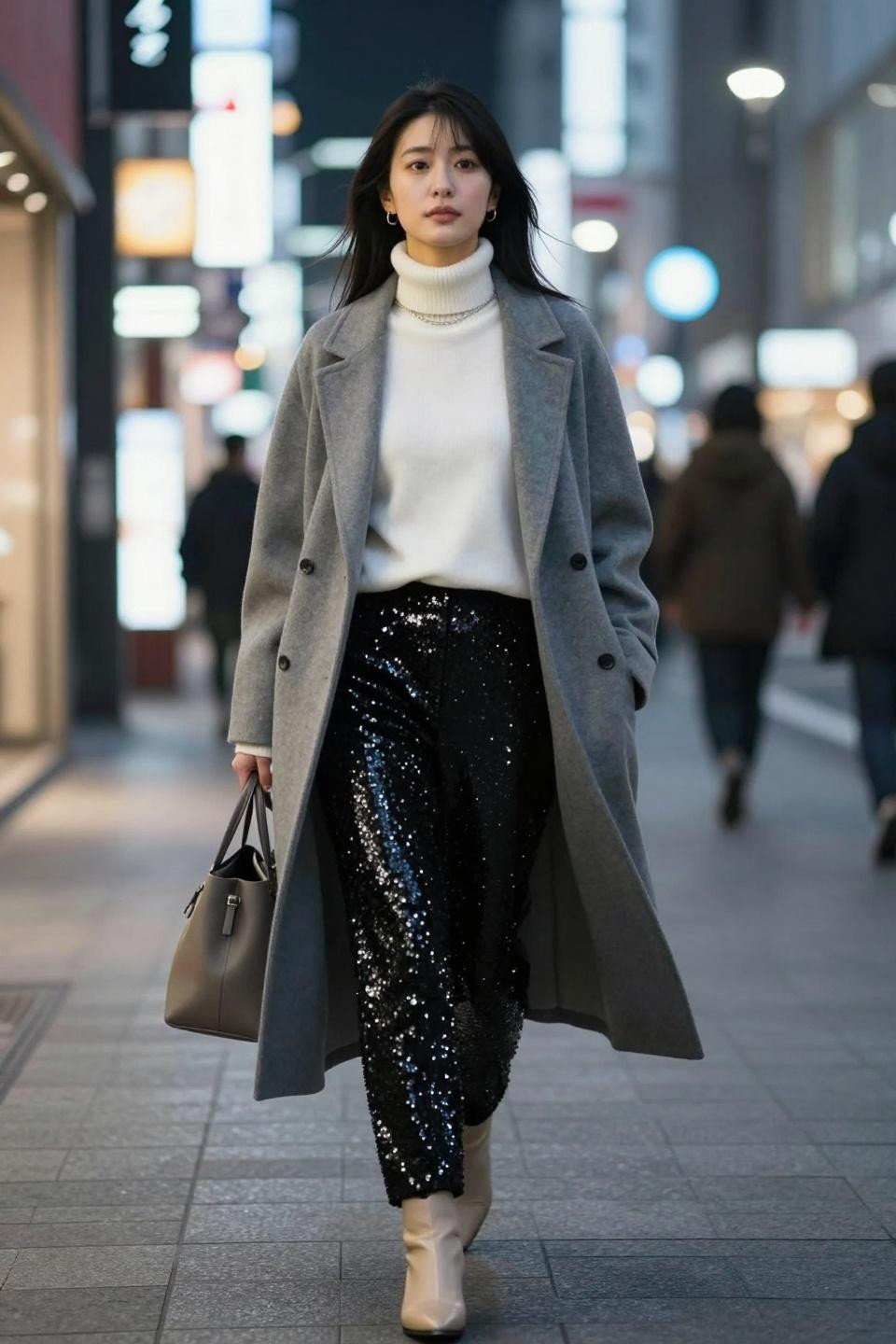 Black sequin pants outfit with white turtleneck and grey coat for Scandinavian minimalism