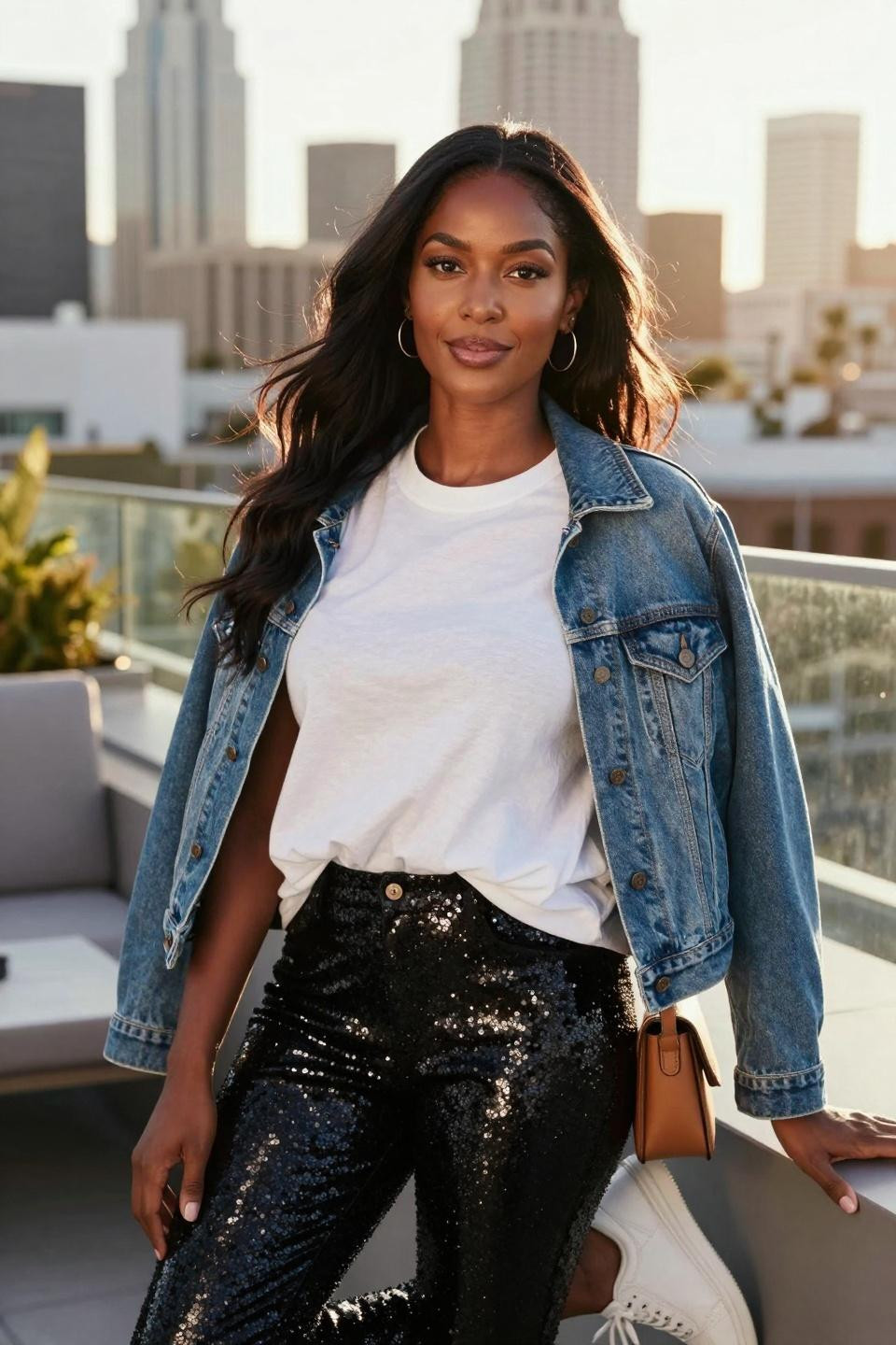 Black sequin pants outfit with white tee and denim jacket for casual rooftop style