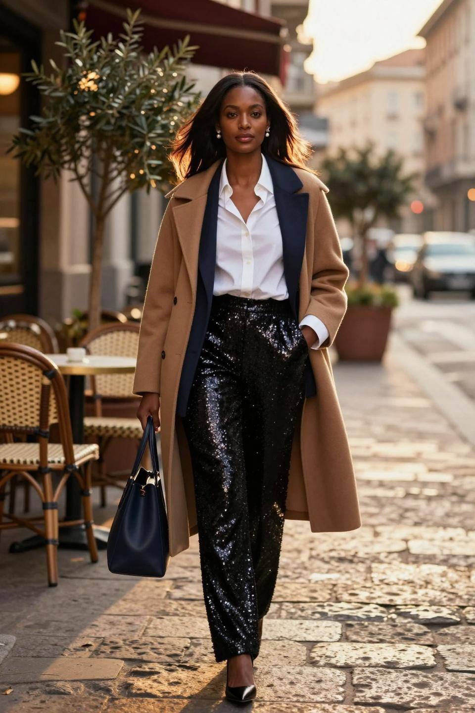 Black sequin pants outfit with white button-down and navy blazer for polished street style