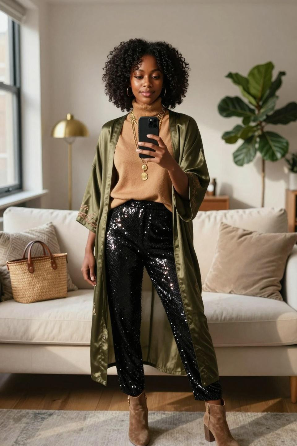 Black sequin pants outfit with tan turtleneck and olive kimono for bohemian style