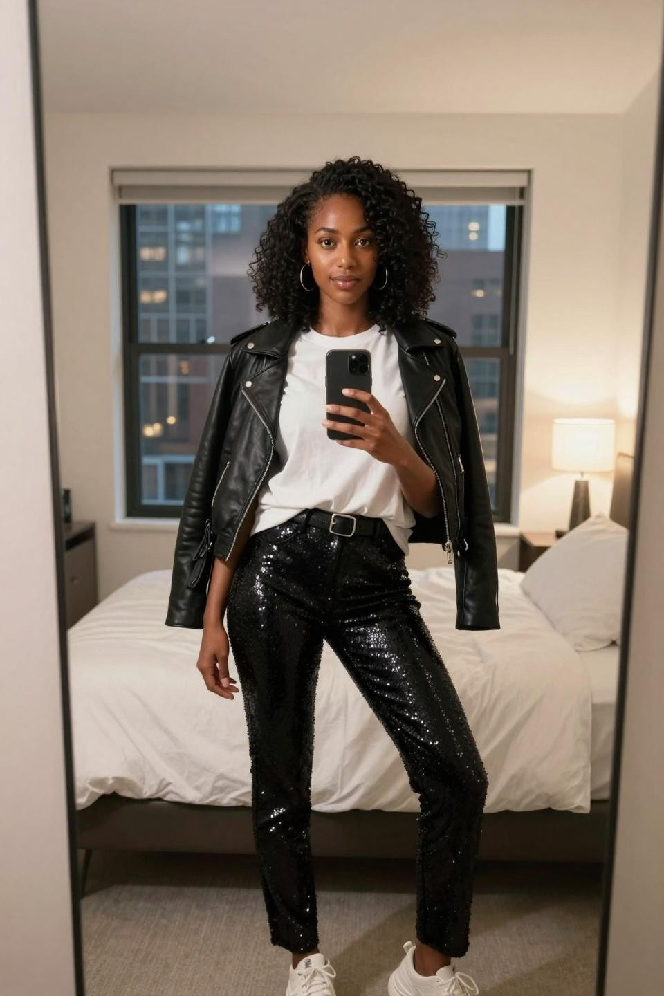 Black sequin pants outfit with white graphic tee and leather jacket for casual style