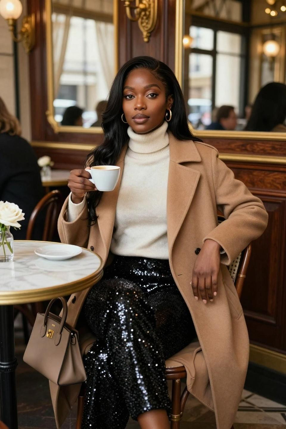 Black sequin pants outfit with cream turtleneck and camel coat for café style