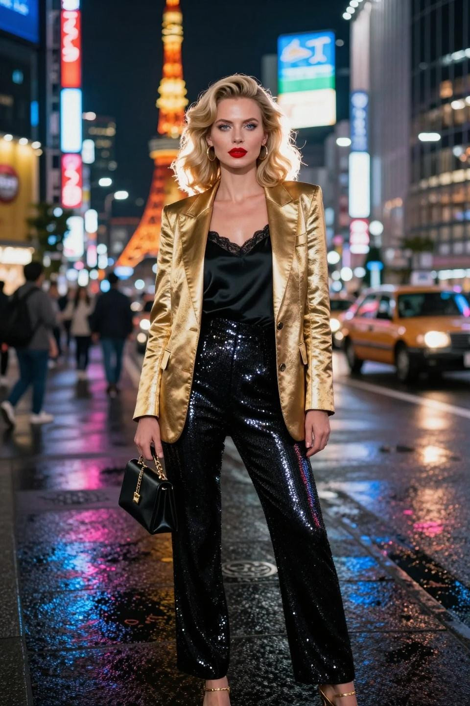 Black sequin pants outfit with gold blazer for urban nightlife