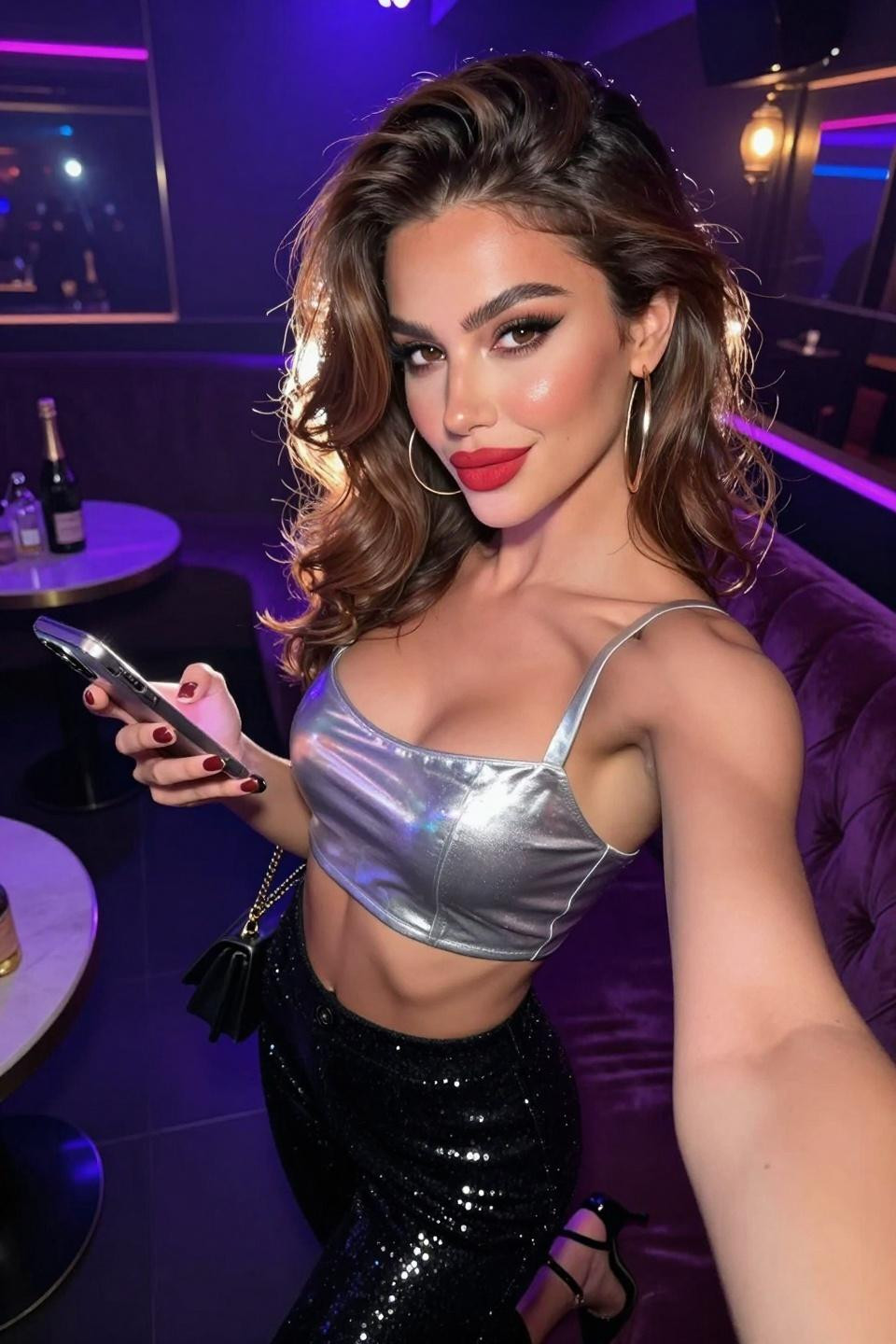 Black sequin pants outfit with metallic silver crop top for nightlife