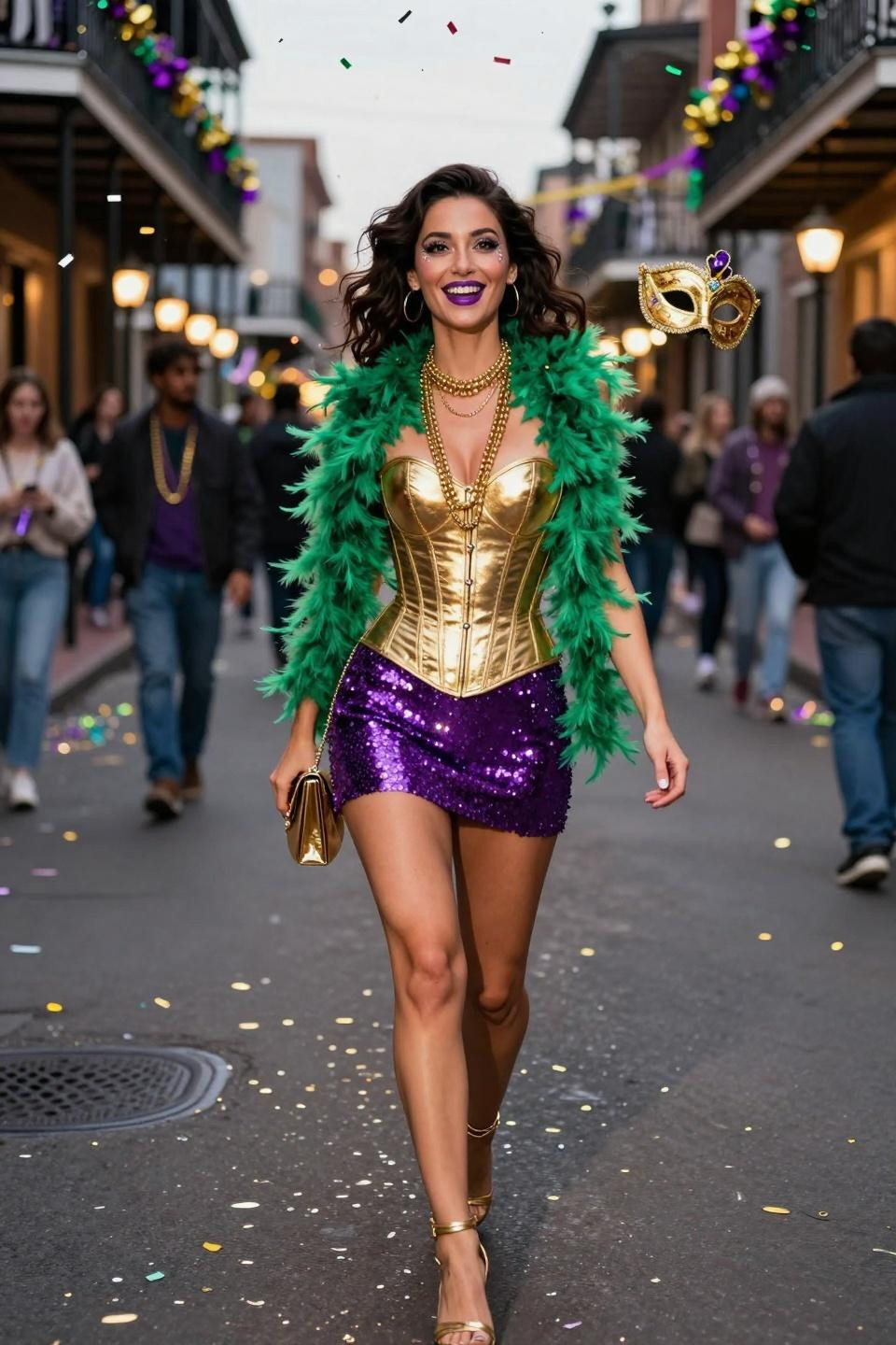 Mardi Gras outfits with gold corset and purple sequin skirt