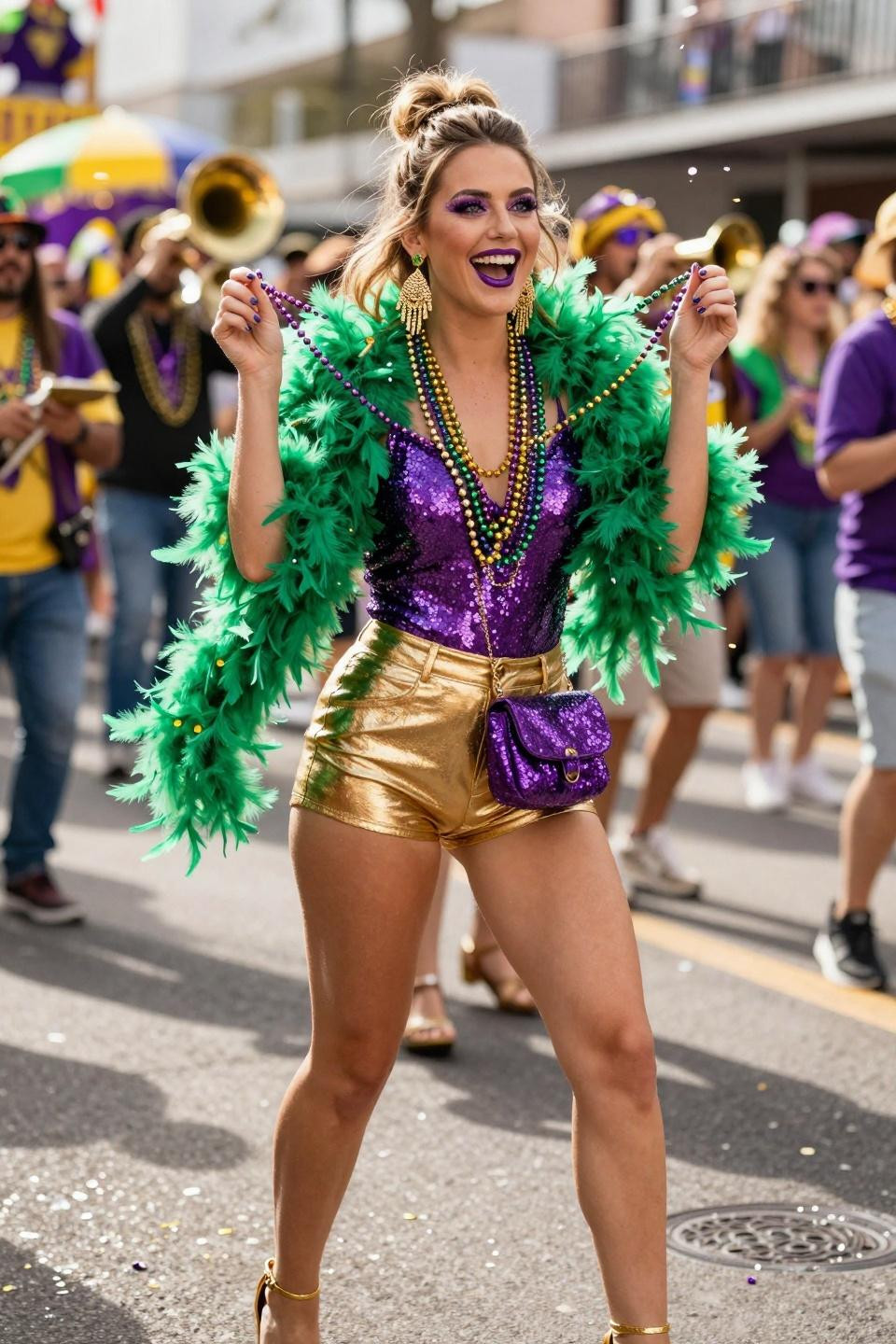 Mardi Gras outfits with sequin bodysuit and metallic shorts
